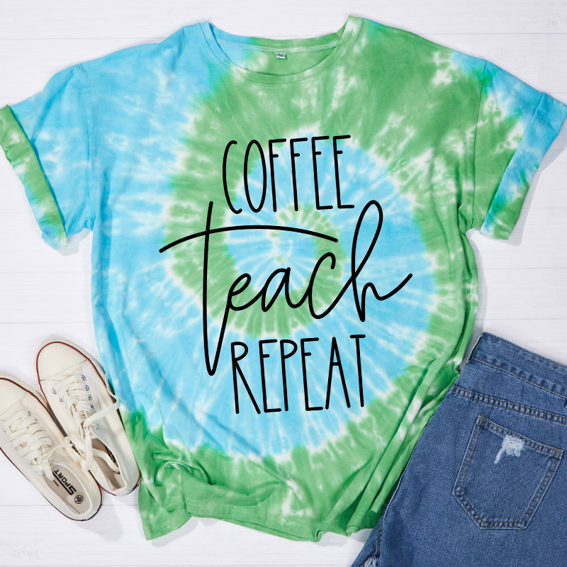 Coffee Teach Repeat Teacher Tie-dye T-Shirt