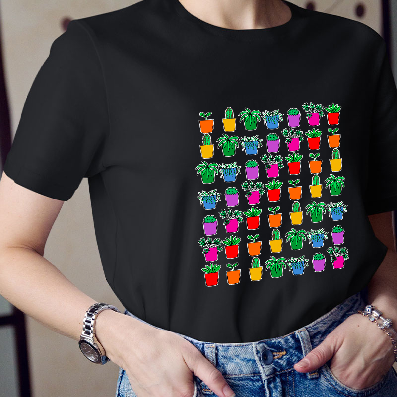Colorful Potted Plant Teacher T-Shirt