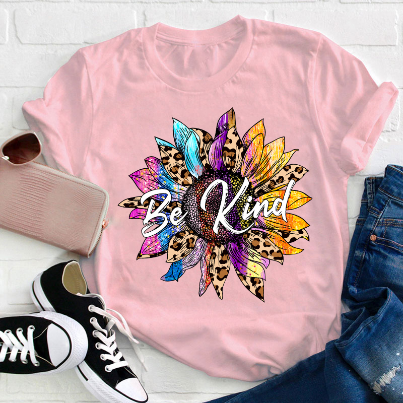 Be Kind Colorful Leopard Sunflower Teacher T-Shirt