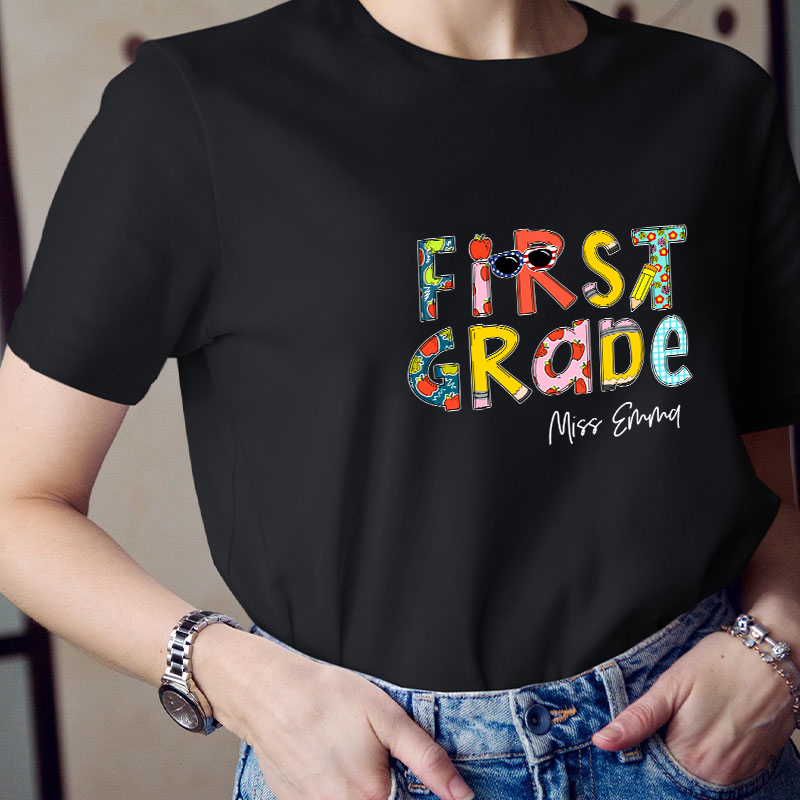 Personalized Name And Grade Colorful Crayon Teacher T-Shirt