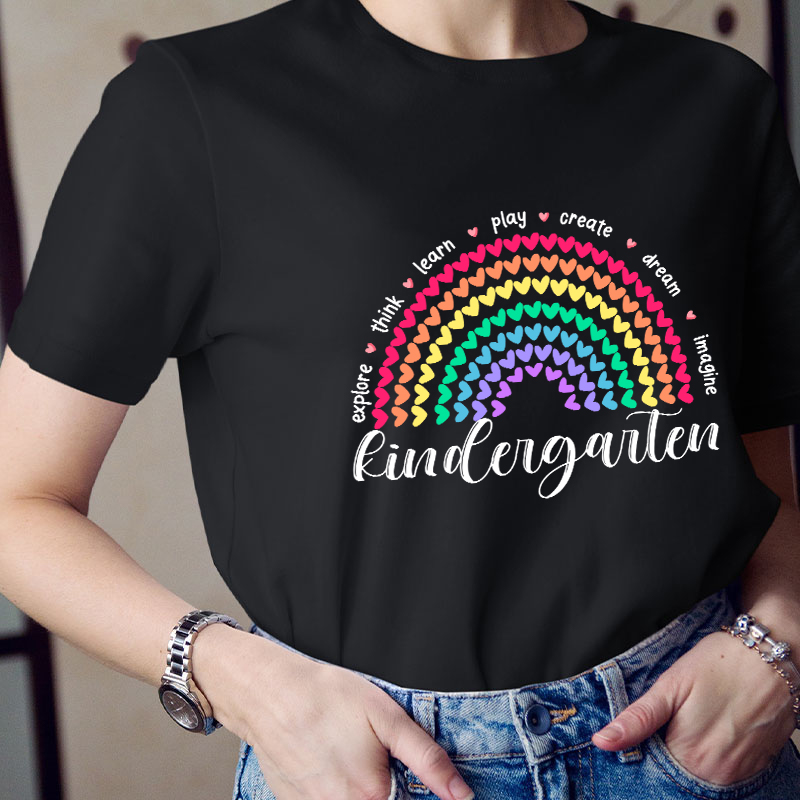 Personalized Grade Kindergarten Explore Think Learn Teacher T-Shirt