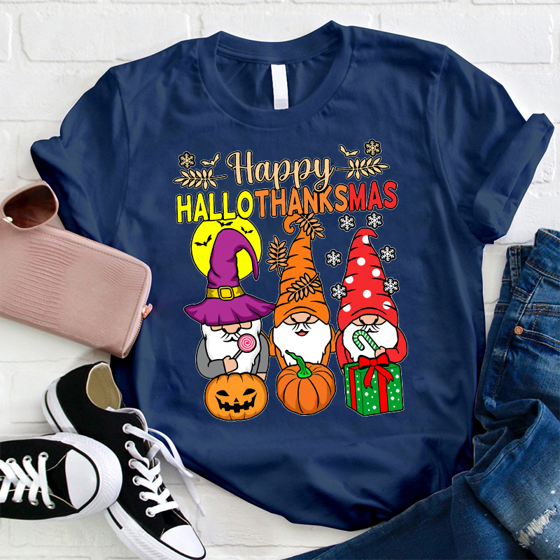 Gnomes Siblings Happy Hallothanksmas Teacher T-Shirt