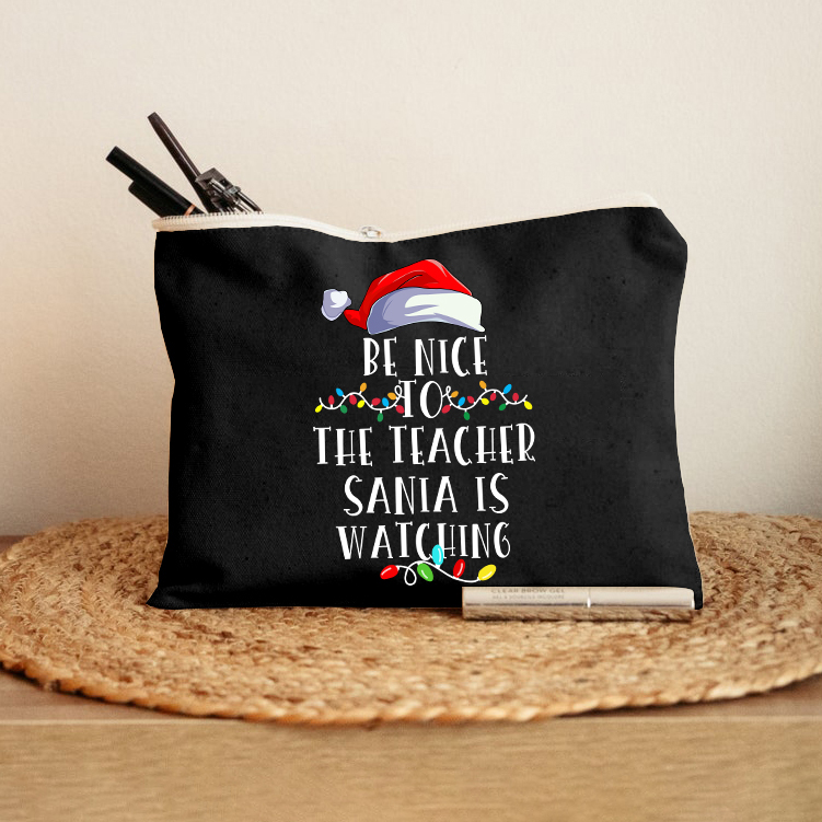 Be Nice To The Teacher Santa Is Watching Christmas Lights Makeup Bag