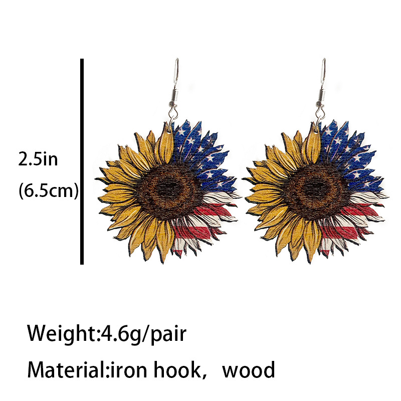Sunfllower And American National Flag  Wooden Earrings