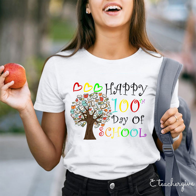 Happy 100 Day Of School Book Tree Teacher T-Shirt
