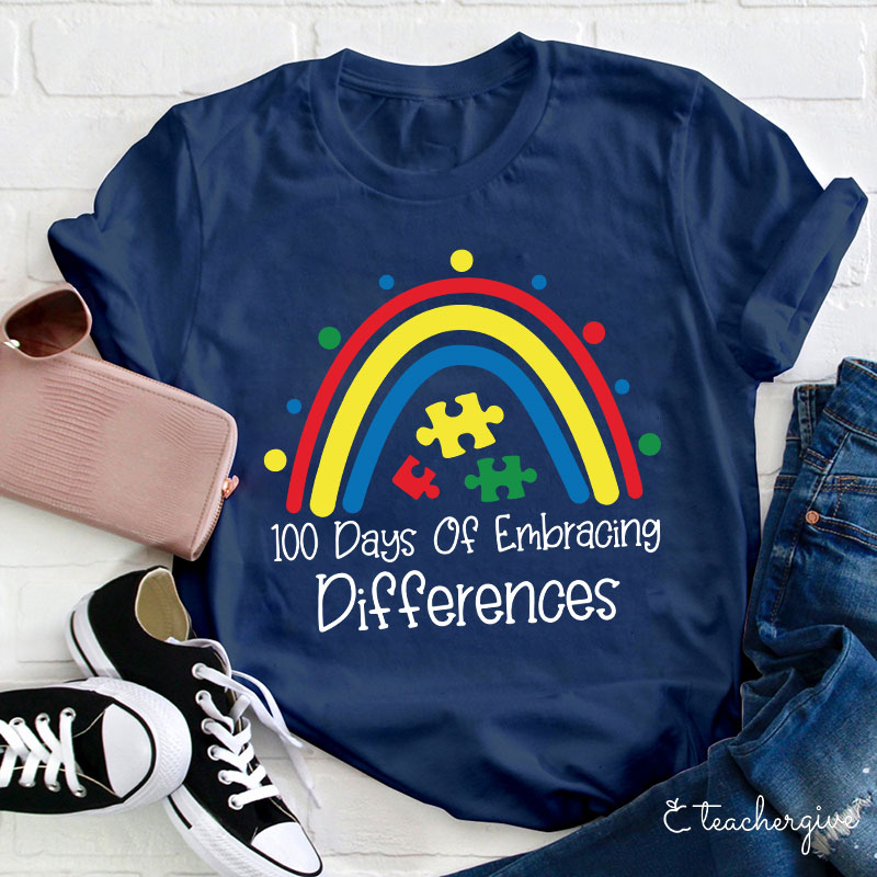 100 Days Of Embracing Differences Rainbow Puzzle Teacher T-Shirt