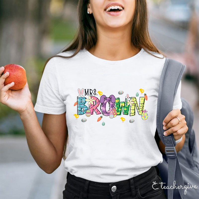 Personalized Easter Bunnies Hoppy Day Teacher T-Shirt