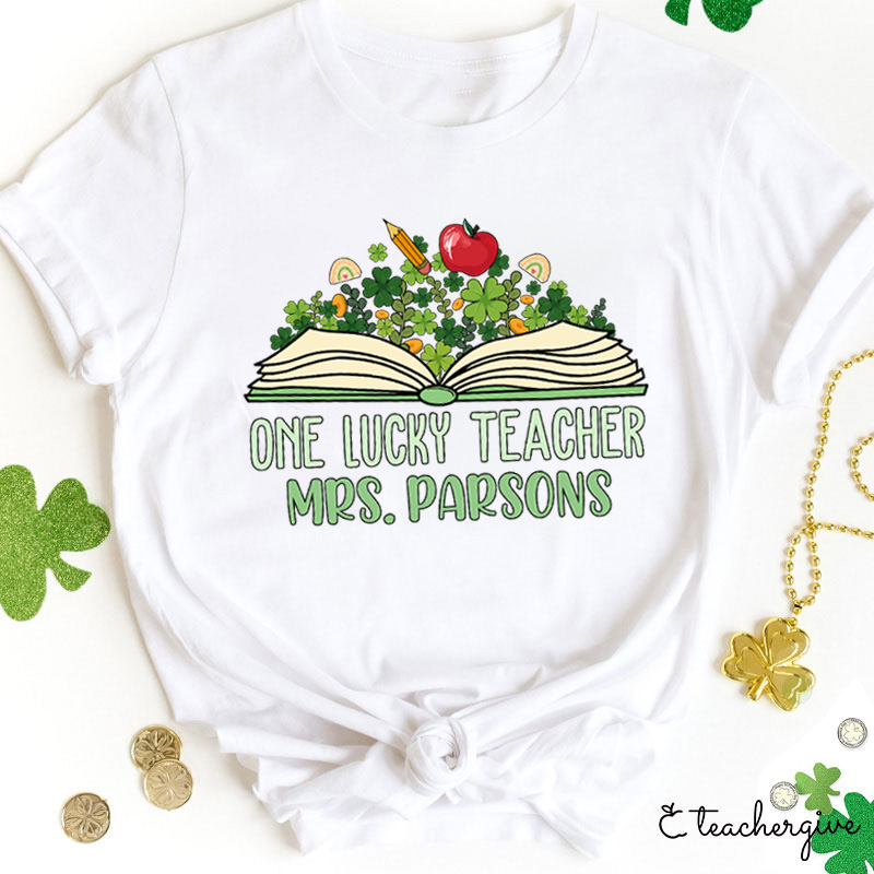 Personalized Name One Lucky Teacher Book And Cloves Teacher T-Shirt