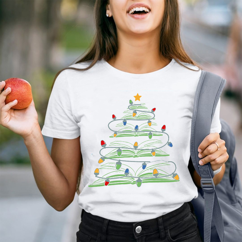 Christmas Tree Made Of Books Teacher T-Shirt