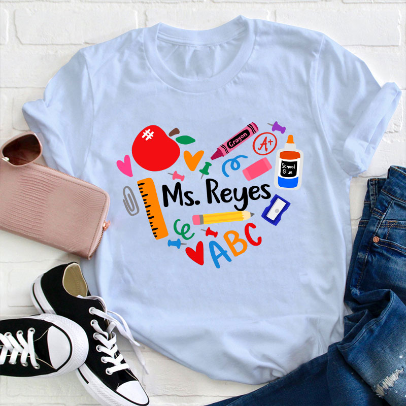 Personalized Name Heart Apple Pencil Ruler Teacher T-Shirt