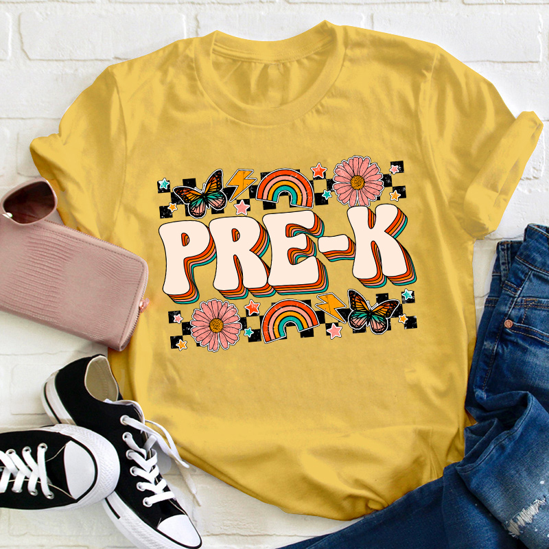 Personalized Grade Butterfly Flower Rainbow Teacher T-Shirt