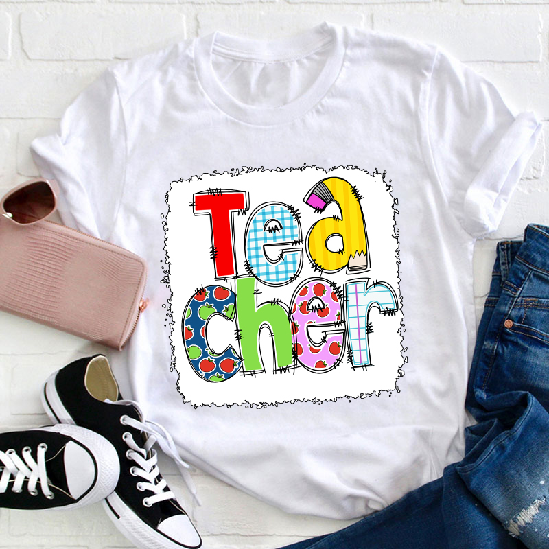 Teacher Letter Pencil Apple Pattern T-Shirt