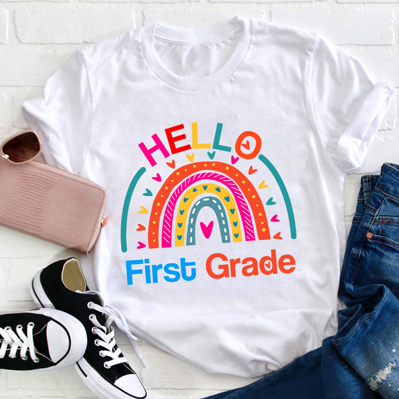 LatestPersonalized Grade Hello Rainbow Teacher T-Shirt for Sale-Teachersgram