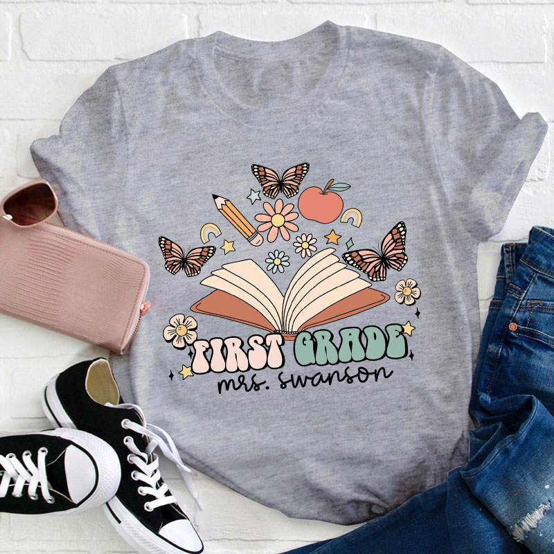 Personalized Name And Grade Books Flowers Butterflies Teacher T-Shirt