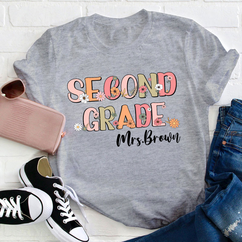 Personalized Name And Grade Flowers Teacher T-Shirt