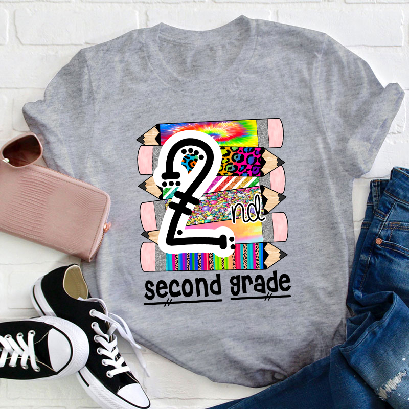 Personalized Grade Brilliant Colors Pencils Teacher T-Shirt