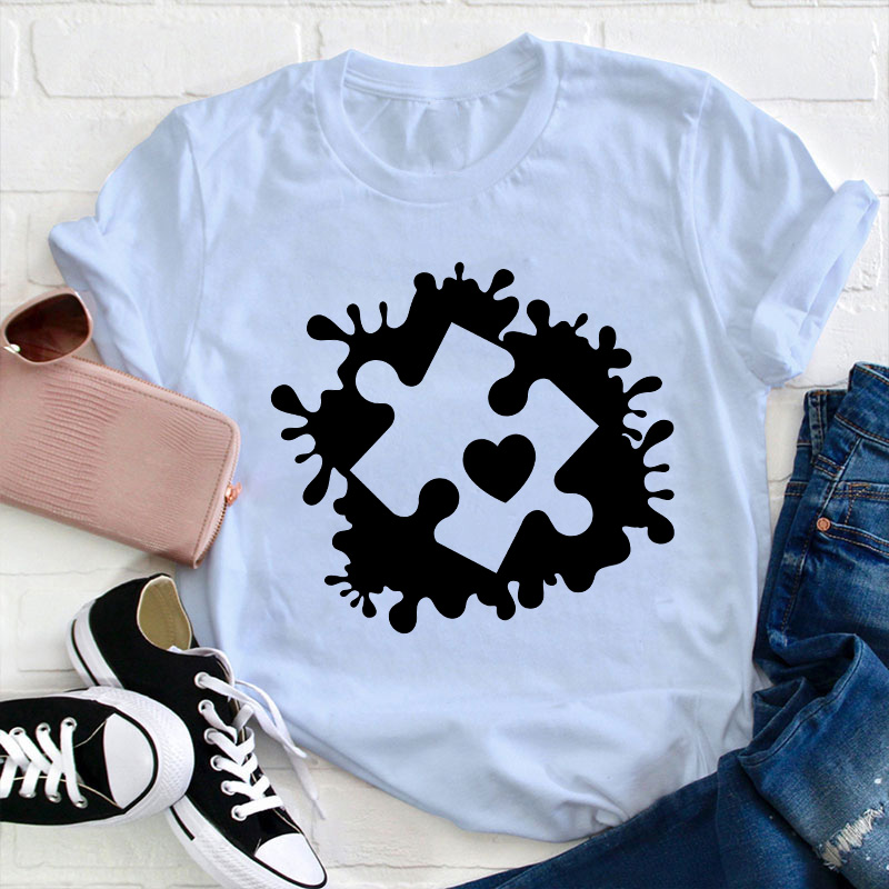 Puzzle Paint Splatter Autism Awareness Teacher T-Shirt