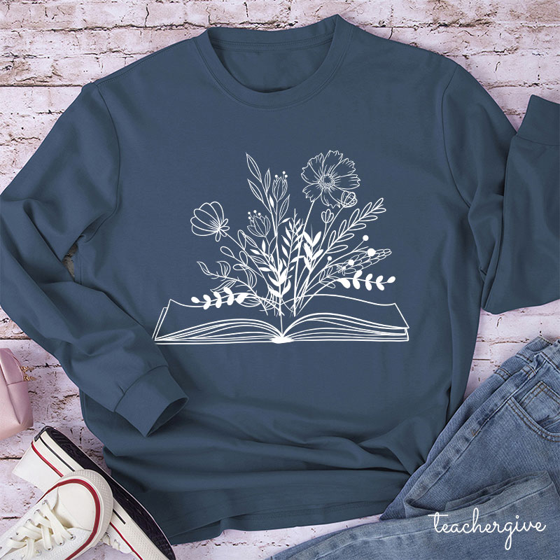 Flowers Book Teacher Long Sleeve T-Shirt