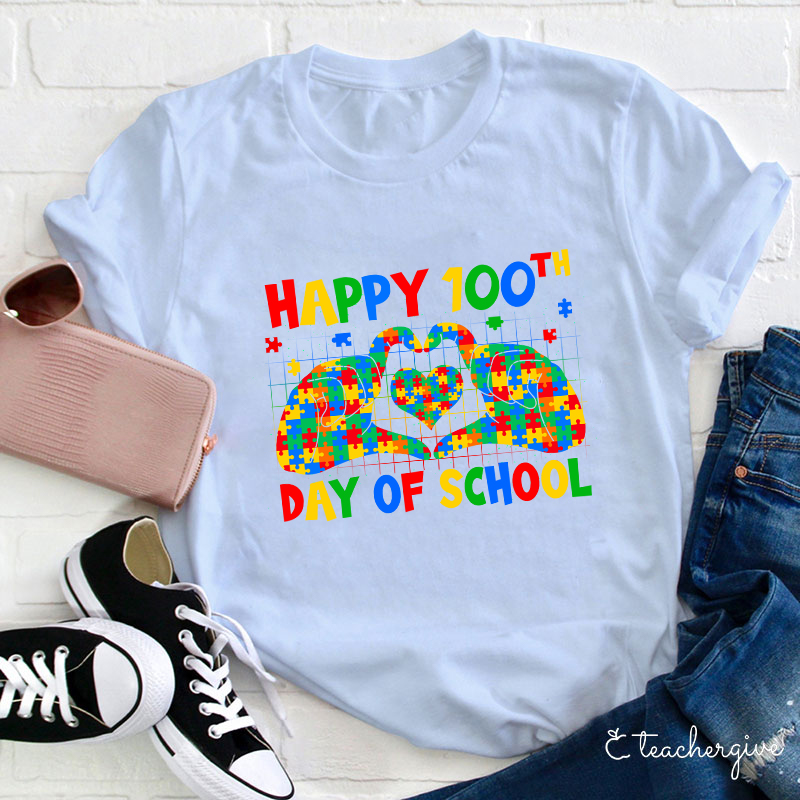 Happy 100th Day Of School Colorful Puzzles SLP Teacher T-Shirt