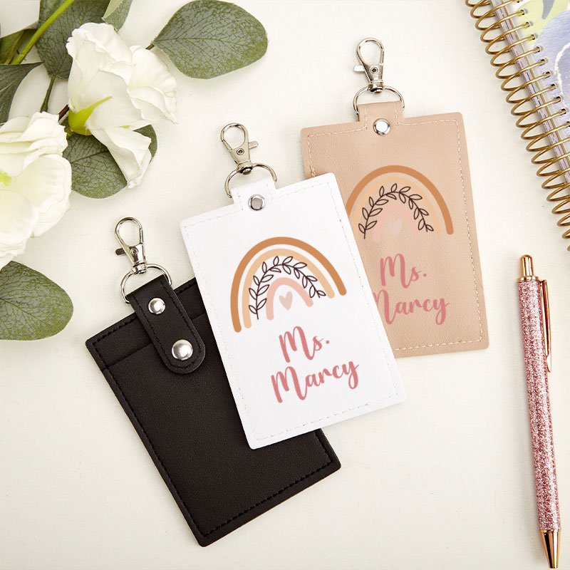 Personalized Brown Boho Rainbow with Leaves Badge Holder