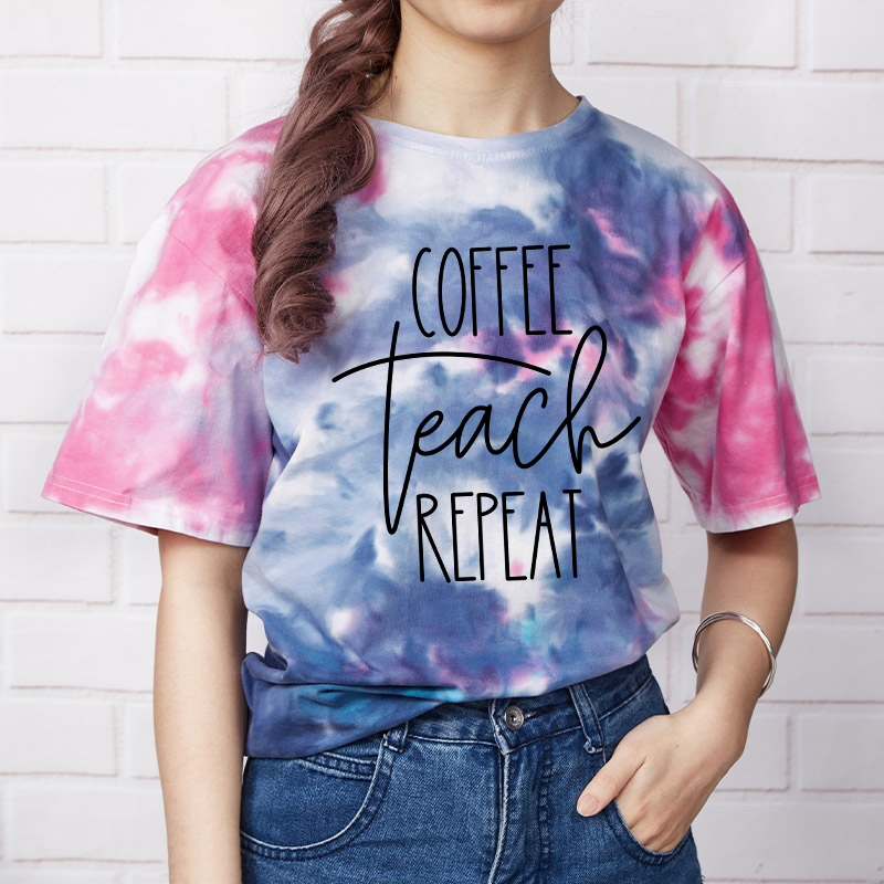 Coffee Teach Repeat Teacher Tie-dye T-Shirt