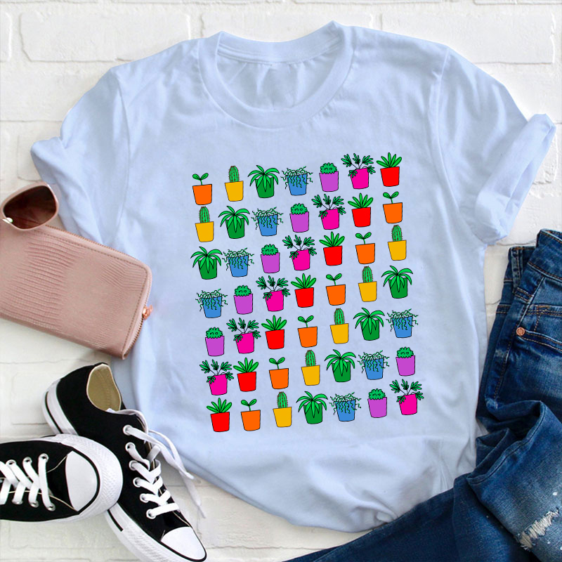 Colorful Potted Plant Teacher T-Shirt