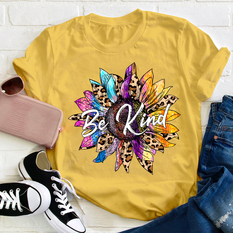 Be Kind Colorful Leopard Sunflower Teacher T-Shirt