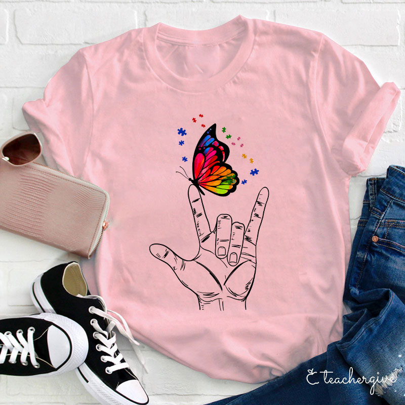 Love Sign Language Autism Butterfly Teacher T-Shirt