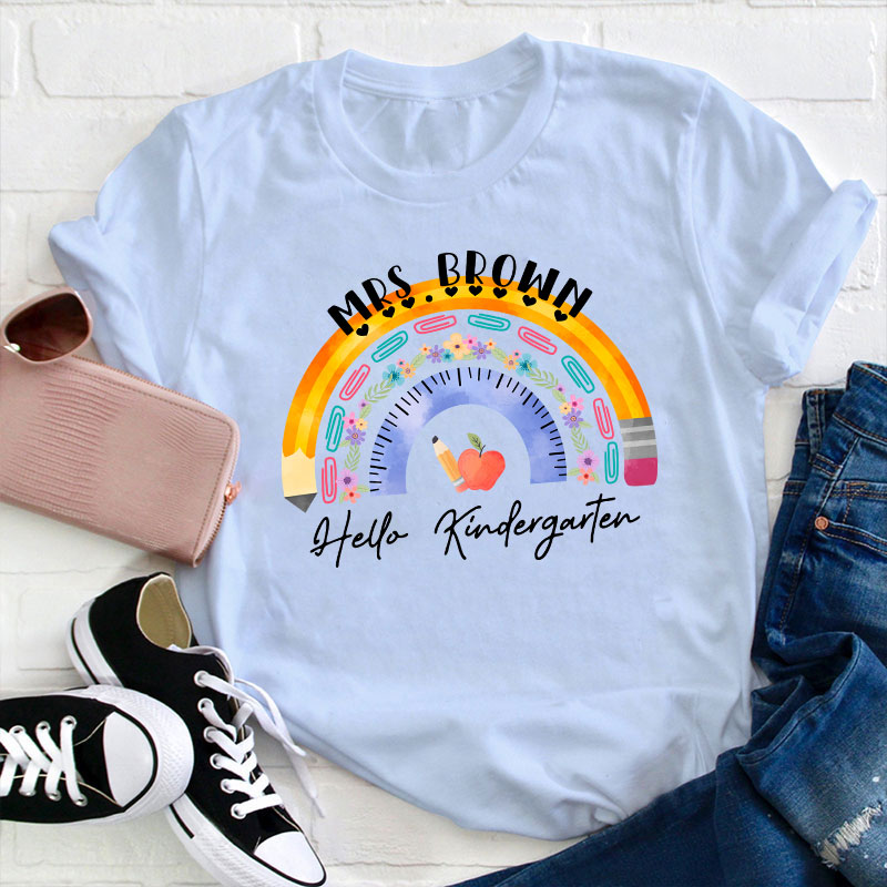 Personalized Name And Grade Ruler Pencil Apple Rainbow Teacher T-Shirt