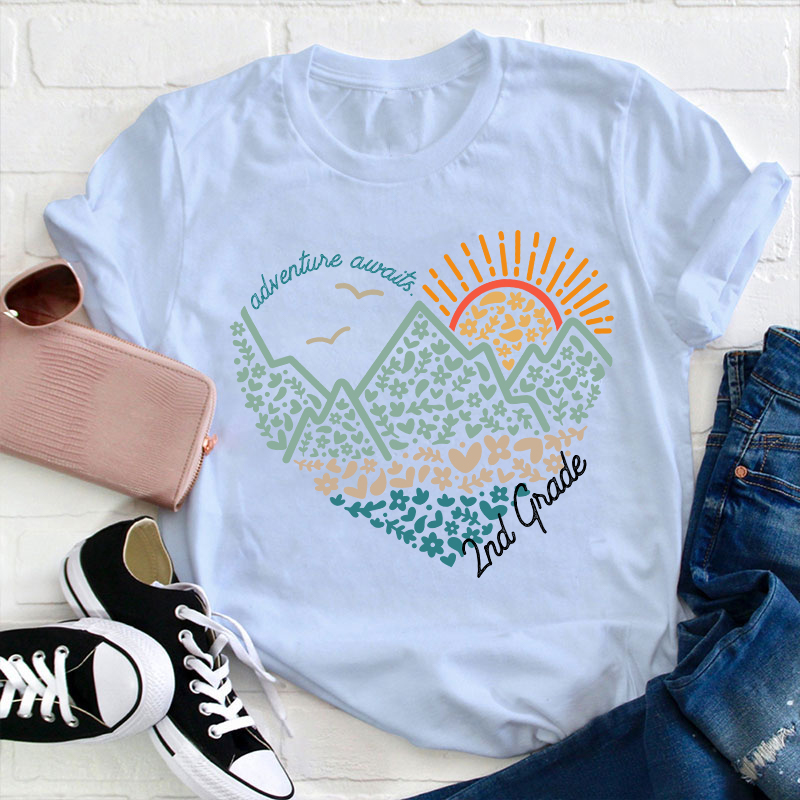 Personalized Grade Adventure Awaits Flower Mountain Sun Teacher T-Shirt