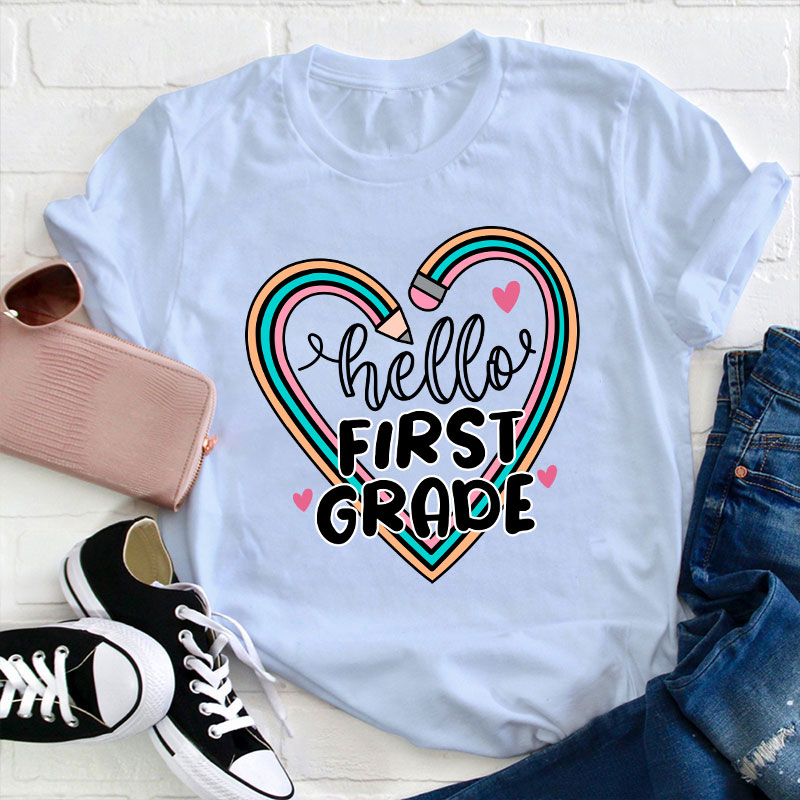 Personalized Grade Hello Pencil Heart Teacher T-Shirt