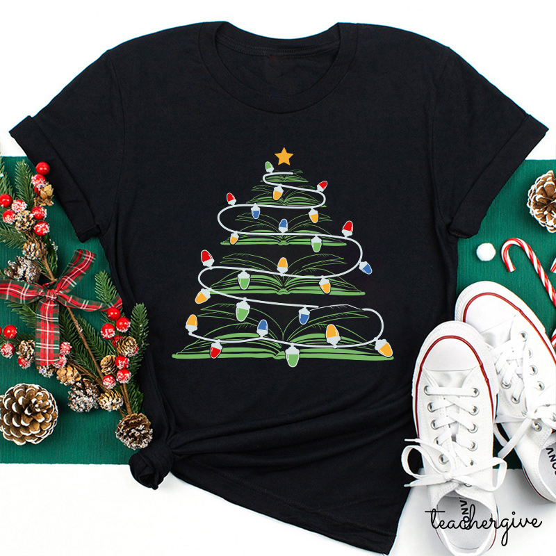Christmas Tree Made Of Books Teacher T-Shirt