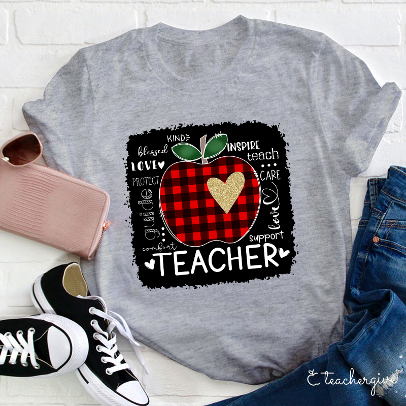 Red Plaid Apple Teacher Life Teacher T-Shirt