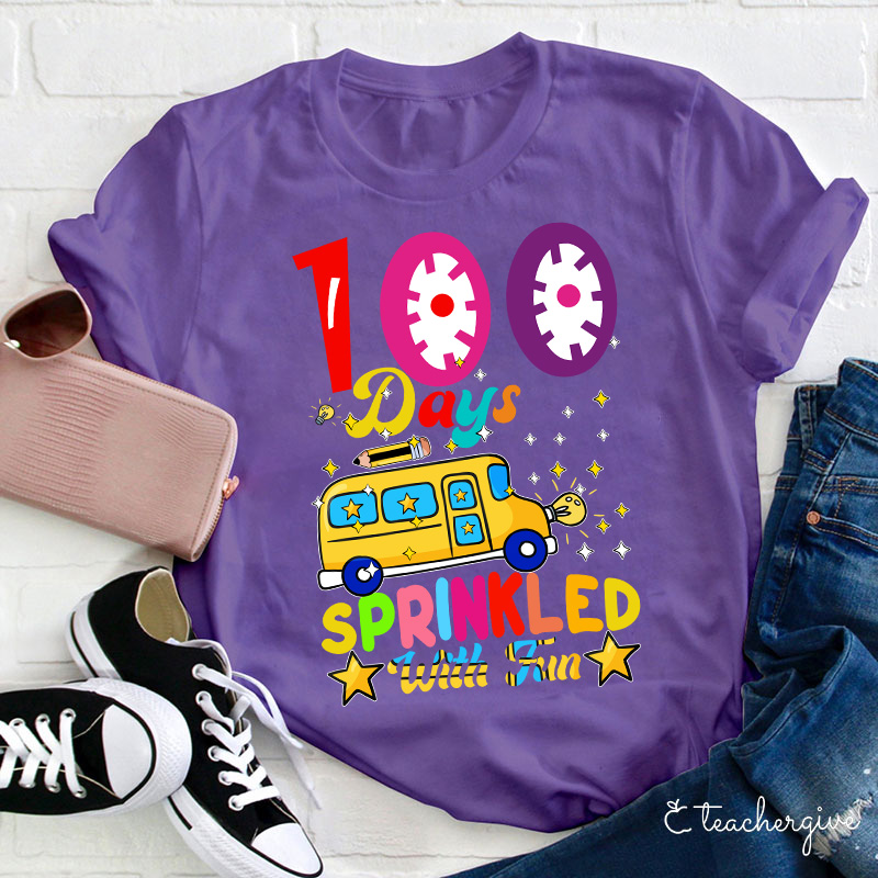 School Bus Pencil 100 Days Sprinkled With Fun Teacher T-Shirt
