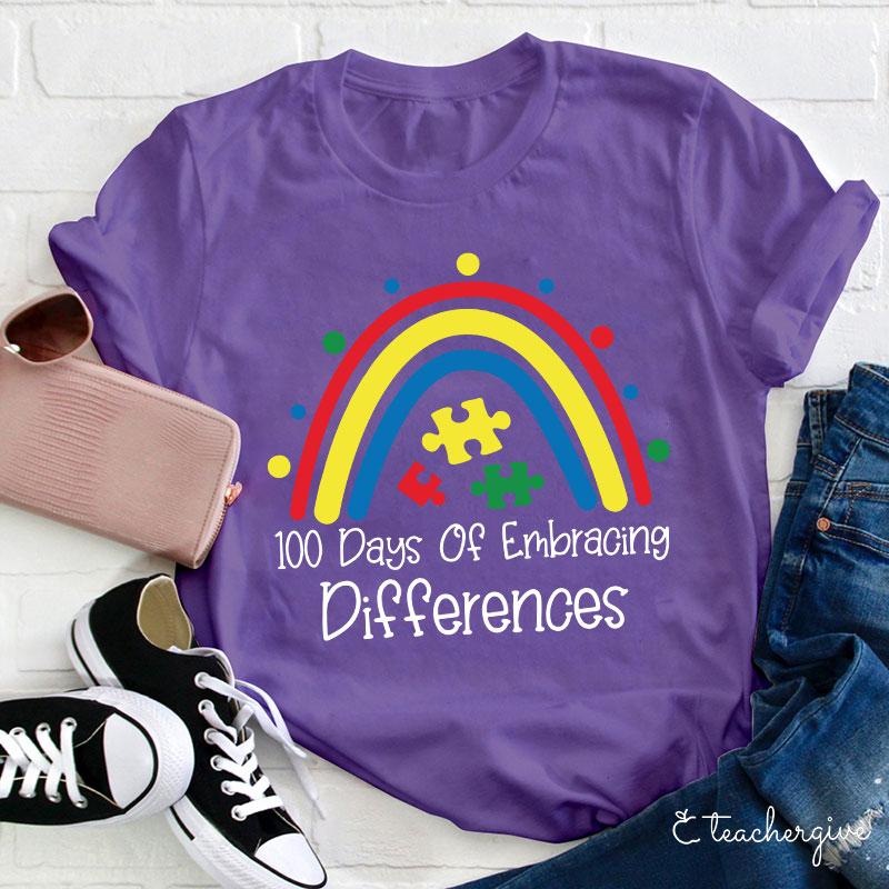 100 Days Of Embracing Differences Rainbow Puzzle Teacher T-Shirt