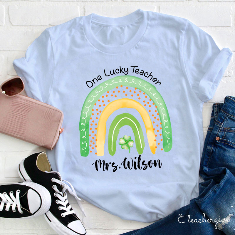 Personalized Name One Lucky Teacher Clover Rainbow Teacher T-Shirt