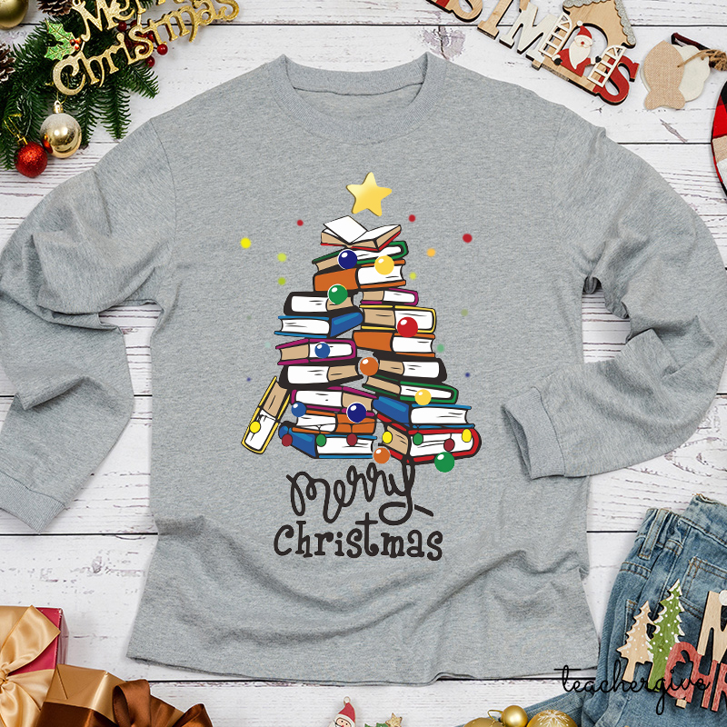 Merry Christmas Books Teacher Long Sleeve T-Shirt