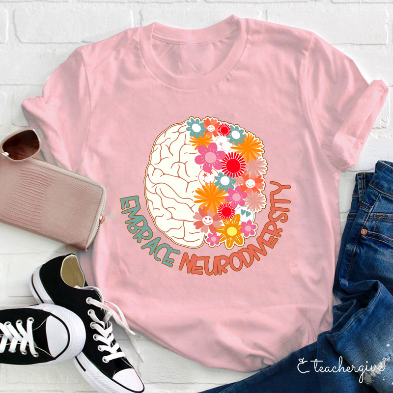 Embrace Neurodiversity Floral Brain Smile Faces Teacher T-Shirt