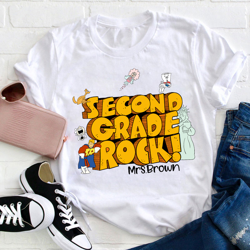 LatestPersonalized Name And Grade Rock Teacher T-Shirt for Sale-Teachersgram