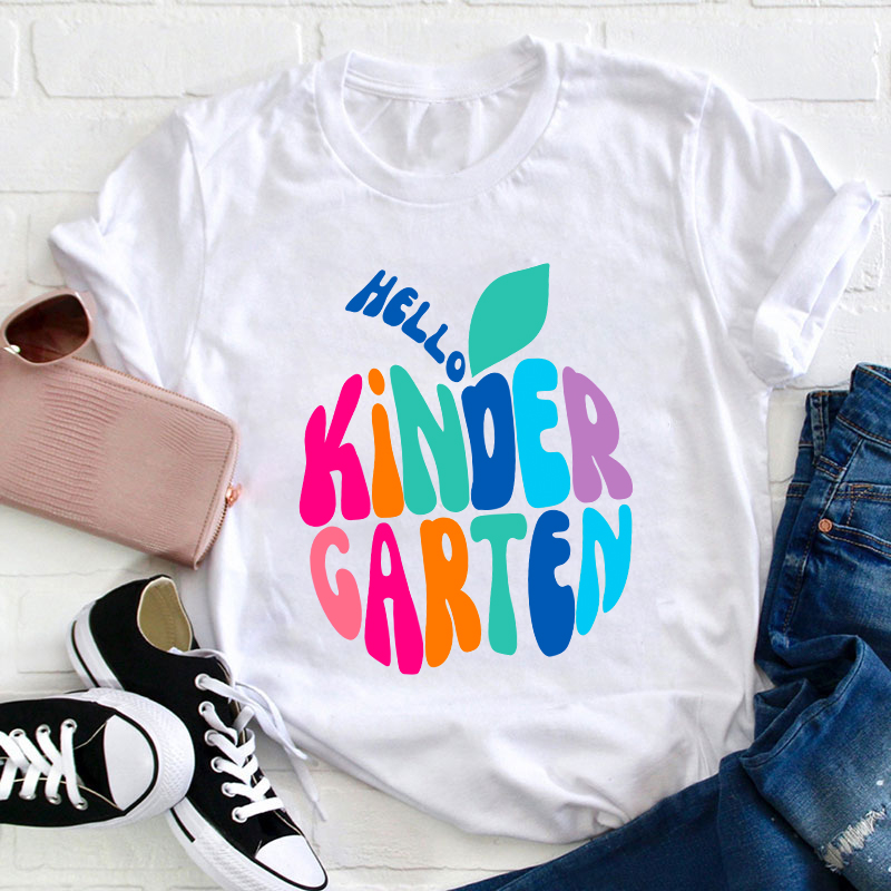 LatestPersonalized Grade Hello Colorful Apple Teacher T-Shirt for Sale-Teachersgram