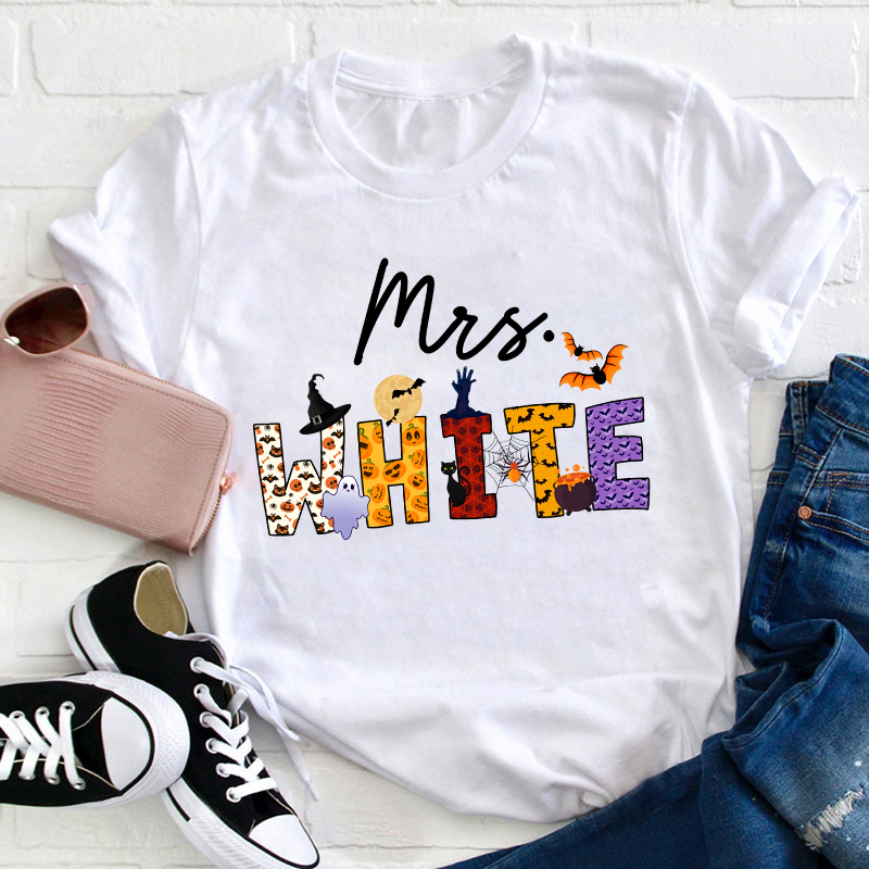 LatestPersonalized Name Happy Halloween Teacher T-Shirt for Sale-Teachersgram