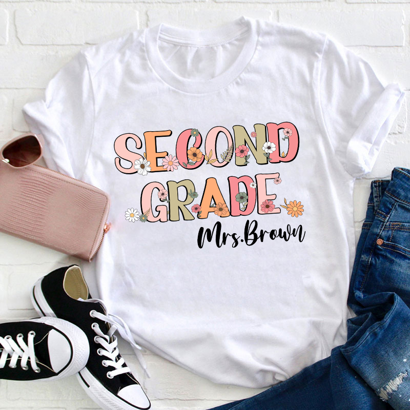 LatestPersonalized Name And Grade Flowers Teacher T-Shirt for Sale-Teachersgram