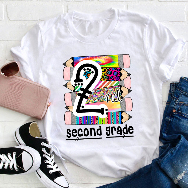 Personalized Grade Brilliant Colors Pencils Teacher T-Shirt
