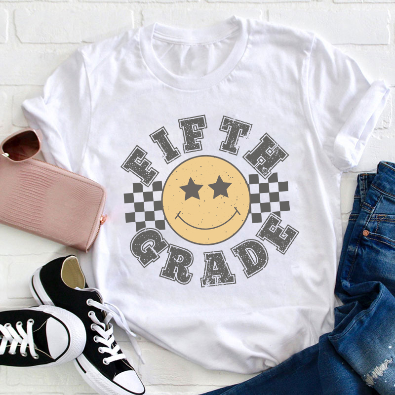Personalized Grade Checkered Smiley Face Teacher T-Shirt Sale-Teachersgram