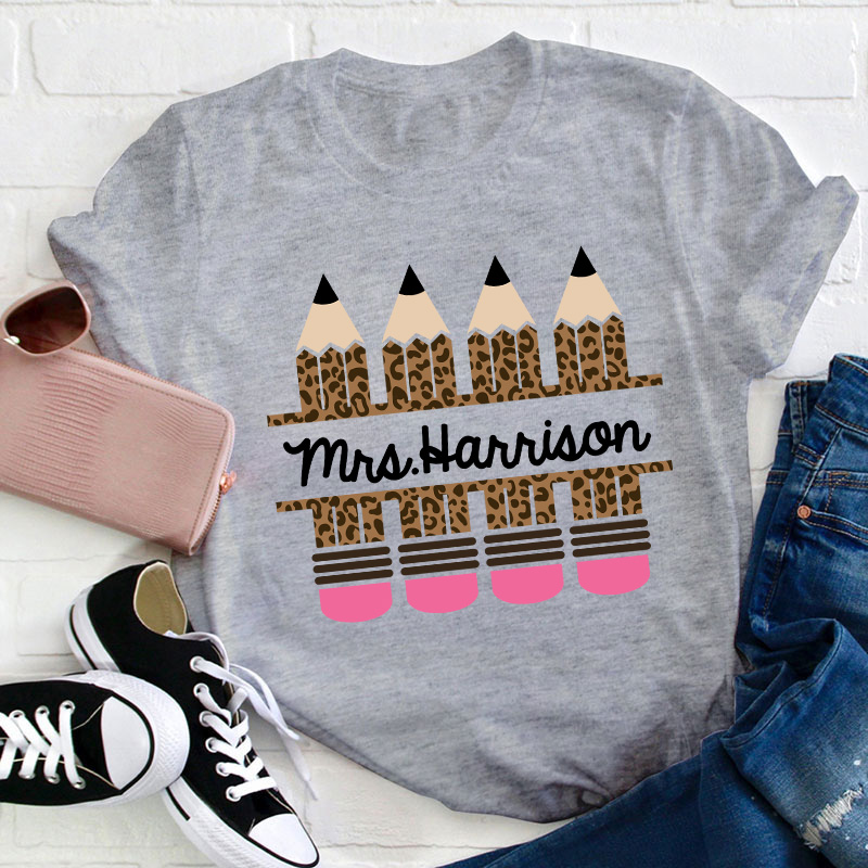 Personalized Name Pink Leopard Pencil Teacher T-Shirt