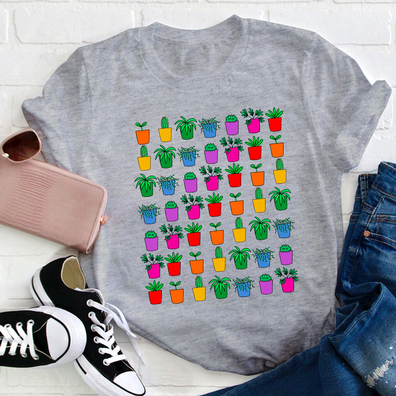 Colorful Potted Plant Teacher T-Shirt