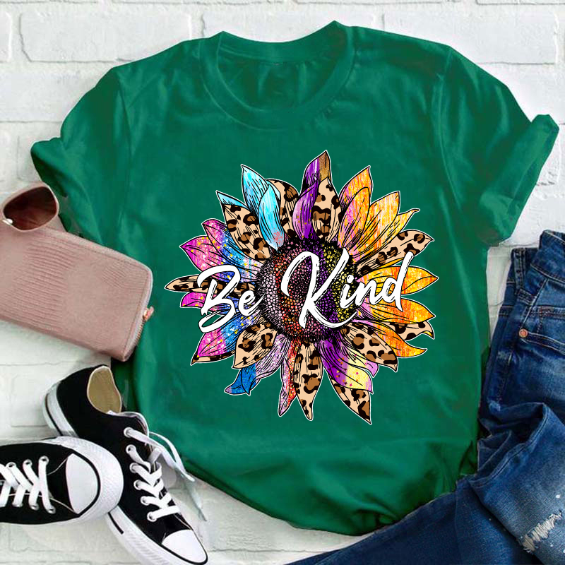 Be Kind Colorful Leopard Sunflower Teacher T-Shirt