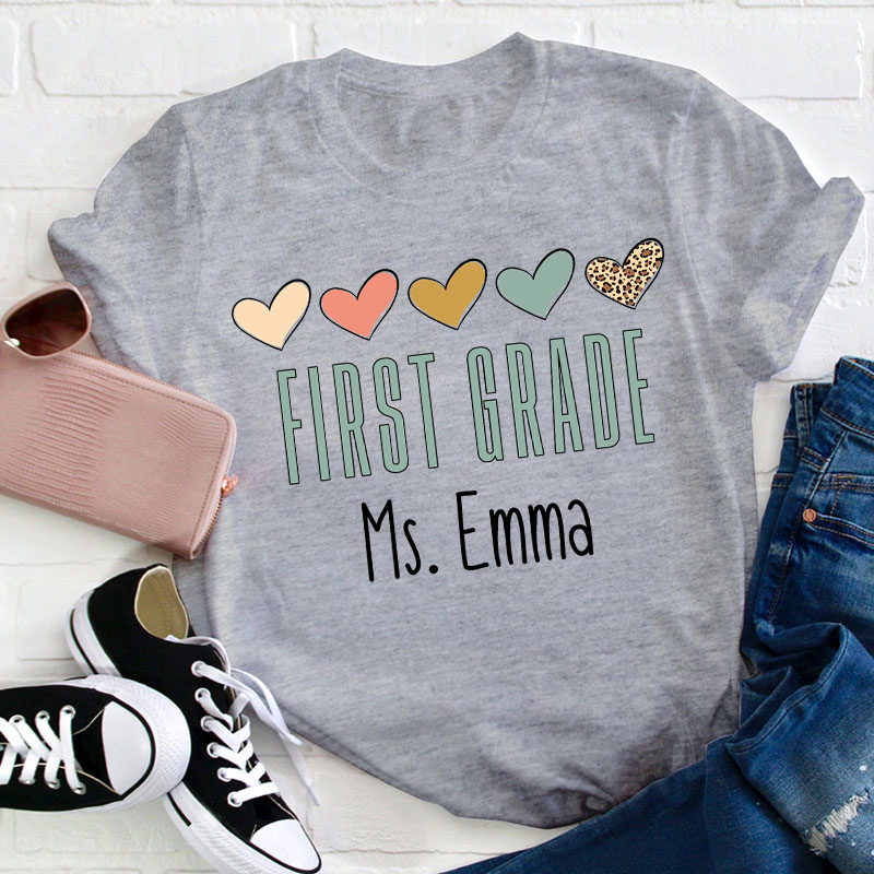 Personalized Name Colorful Heart Teacher T-Shirt