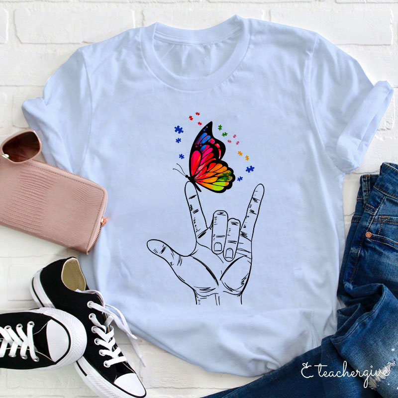 Love Sign Language Autism Butterfly Teacher T-Shirt