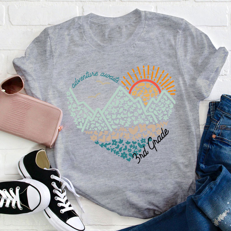 Personalized Grade Adventure Awaits Flower Mountain Sun Teacher T-Shirt